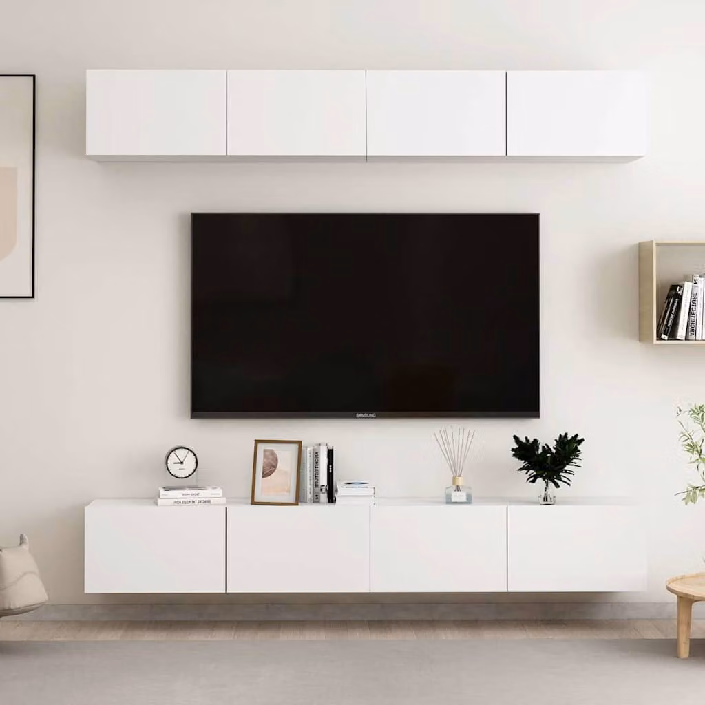 Set di 4 mobili porta TV moderni vidaXL in legno multistrato bianco, da appendere al muro, L 100 x P 30 x H 30 cm