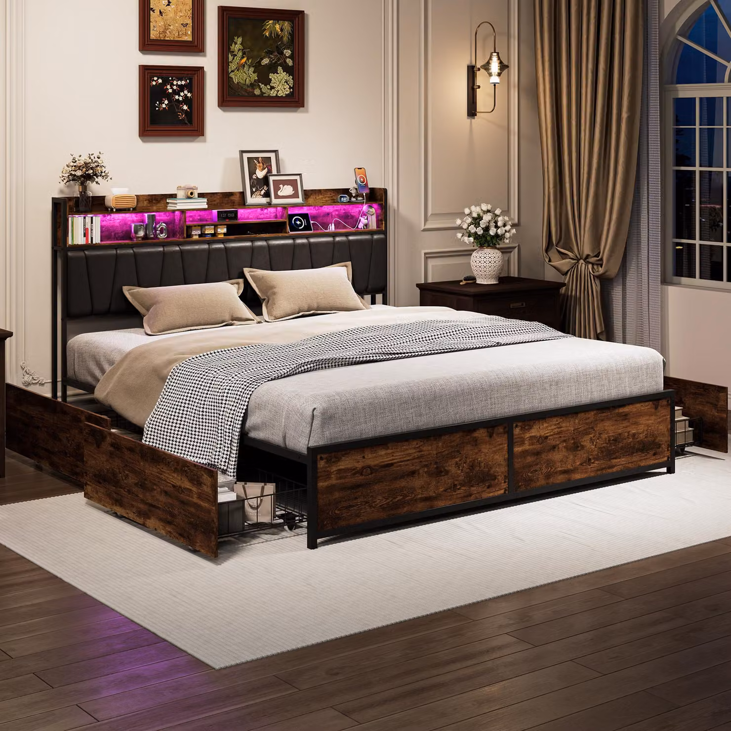 Letto imbottito UnboxG, dimensioni 180x200 cm, con 4 cassetti, testiera contenitore, illuminazione LED, prese USB e Type-C, struttura in metallo con finitura effetto legno vintage, colore nero