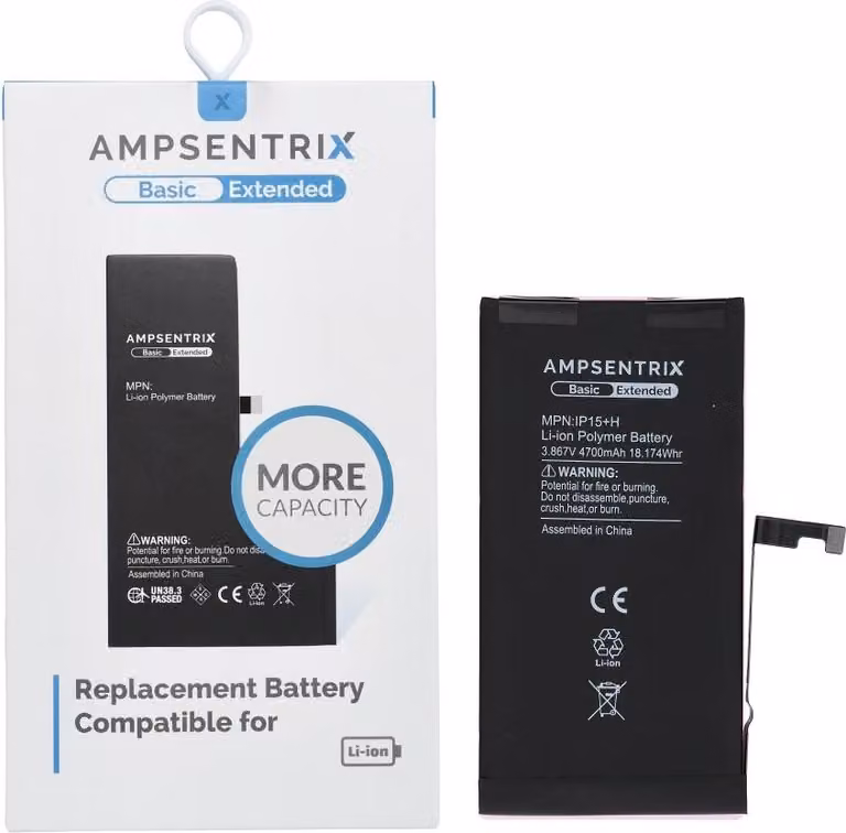 Batteria AmpSentrix Basic compatibile con iPhone 15 Plus (alta capacità 4700 mAh)