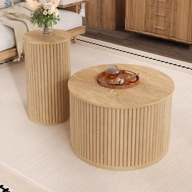 Tavolini bassi fissi rotondi set di 2 in MDF naturale per soggiorno uso singolo o combinato