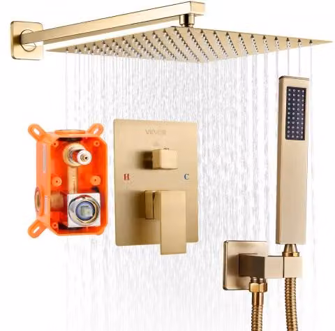 Set Doccia VEVOR con Soffione a Pioggia Quadrato e Doccetta, Sistema a Parete con Colonna Rigida e Valvola in Ottone, Oro Spazzolato
