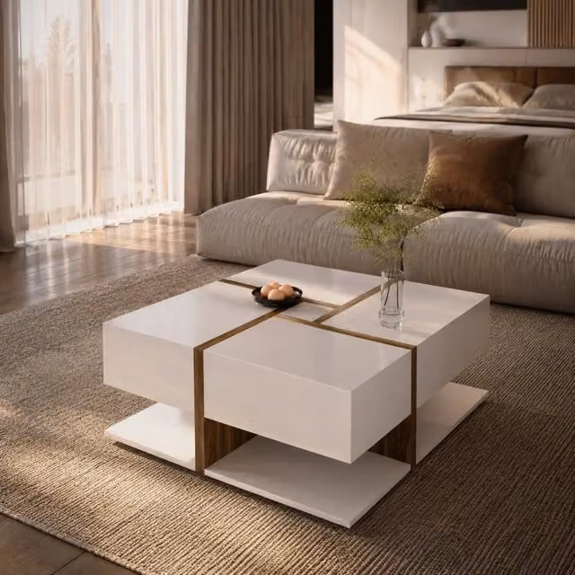 Tavolino da salotto ULEVR 78x78x34,8 cm con 4 cassetti e ripiano inferiore, bianco ed effetto legno lucido