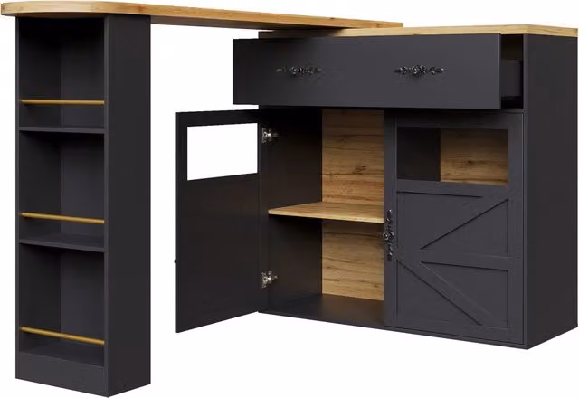 Tavolo bar allungabile con rotazione a 360°, tavolo alto multifunzionale in MDF nero (138-204×39×104 cm)