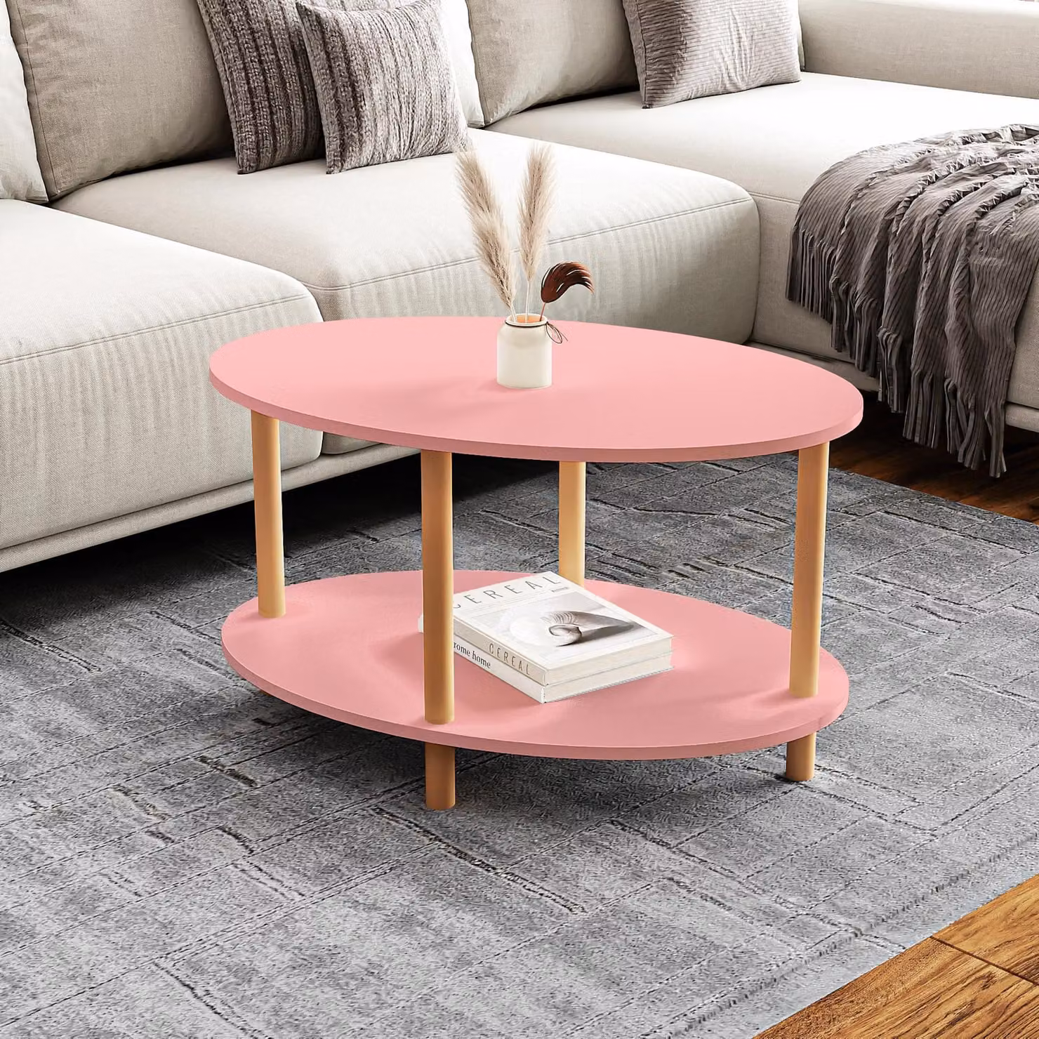 Tavolino 'Højreby' ovale con gambe in faggio 70 x 44 x 43 cm rosa