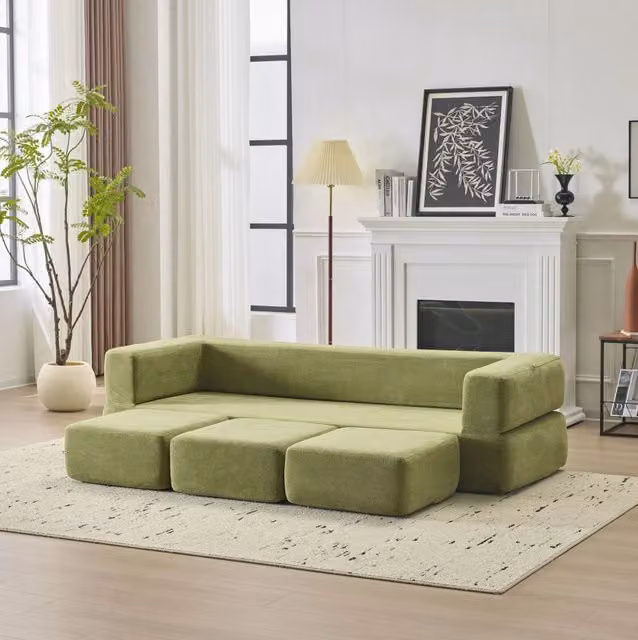 Divano letto da pavimento modulare in ciniglia e schiuma elastica; verde