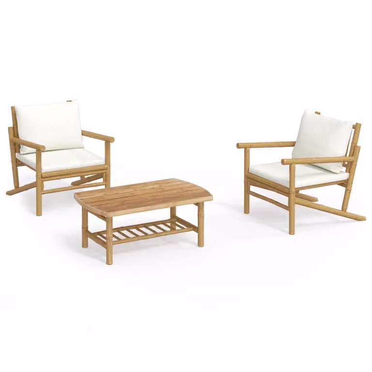 Set Salotto da Giardino 3pz con Cuscini Bianco Crema in Bambù