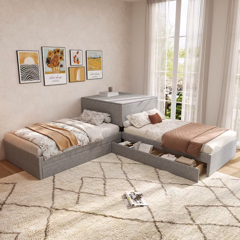okwish Letto 90x200 cm Letto estraibile, due letti singoli con materassi rimovibili, letto multifunzionale con contenitore, con armadio e cassetto, senza materasso, Grigio