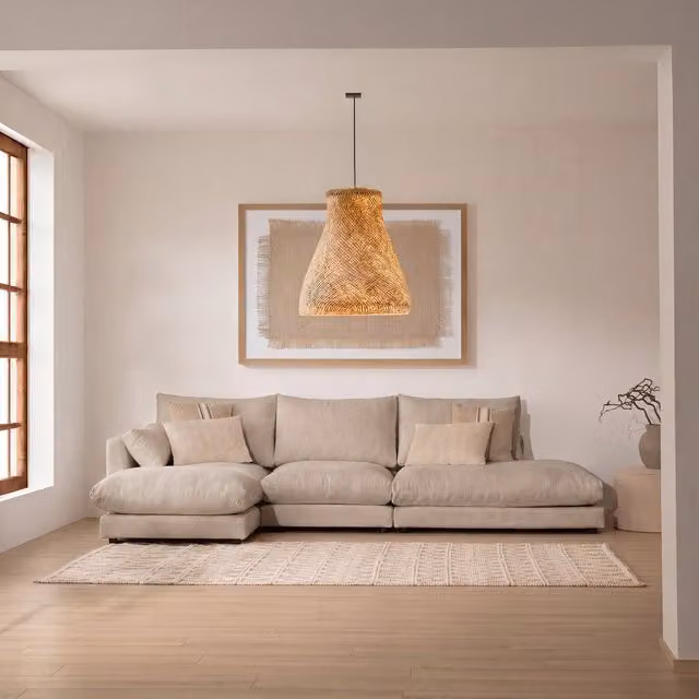 Divano modulare Banak Tokio a 3 posti con pouf e modulo aperto a destra, colore beige, L: 333 cm