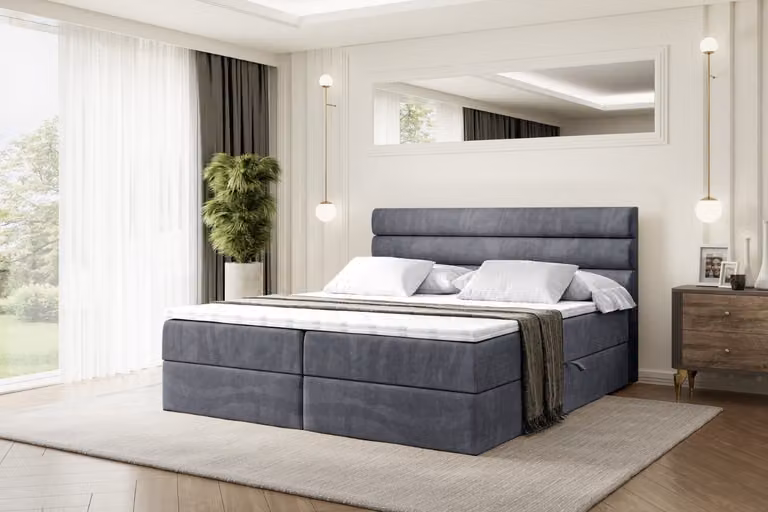 Letto boxspring ALTDECOR con materasso H3 e topper - 160 x 200 cm - CELESTIA - Velluto grigio scuro - Letto imbottito con contenitore e rete a doghe, letto con spazio contenitivo