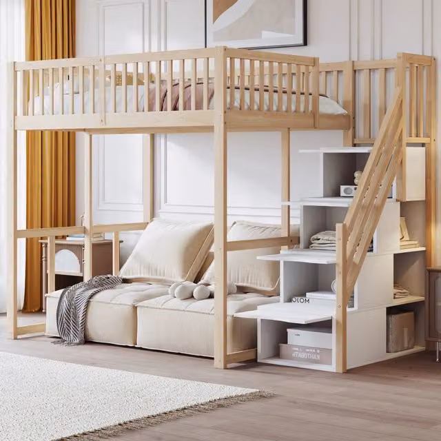Letto a soppalco 140 × 200 cm con scala contenitore e barriera di sicurezza, senza materasso, legno naturale
