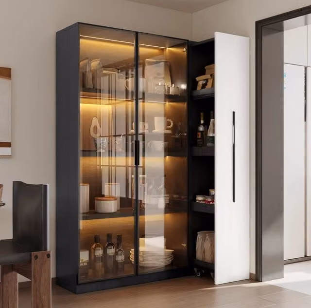 Vetrina libreria ULEVR 110,5x35x160 cm con LED, anta in vetro e ripiano estraibile su ruote, bianco e nero