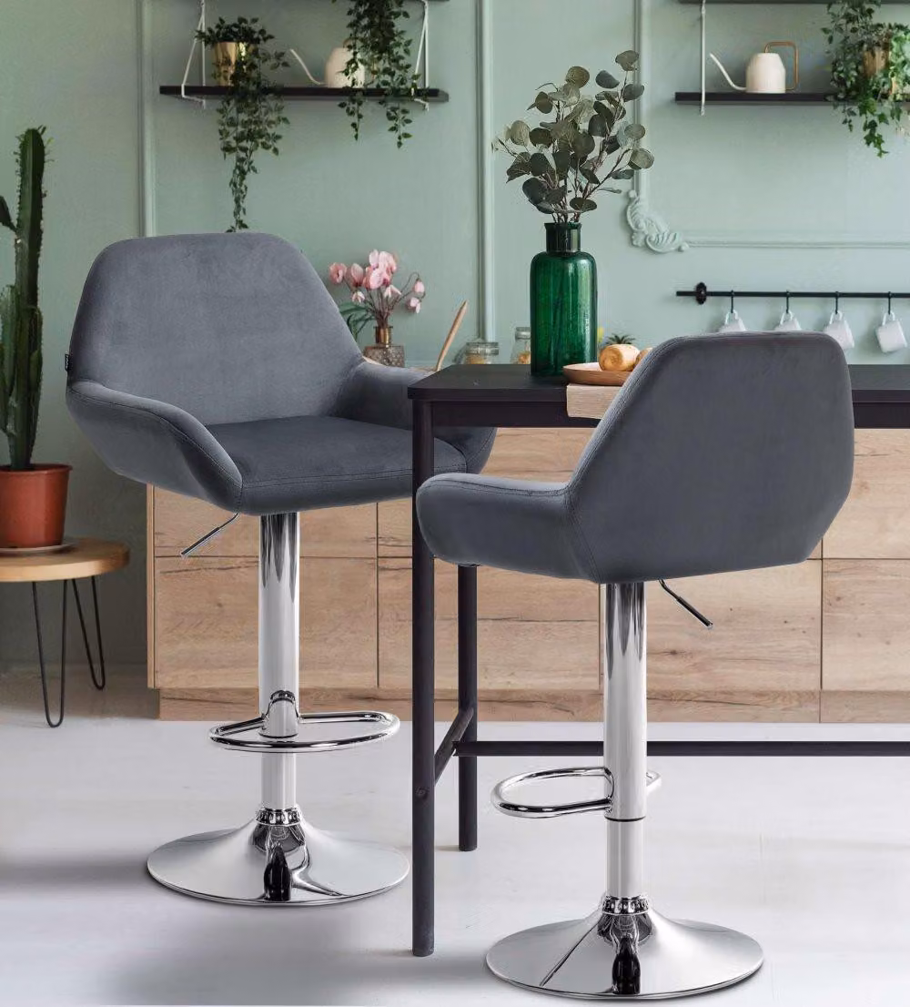 Set di 2 sgabelli da bar - sedute in velluto - altezza regolabile, girevole a 360° | Colore: grigio scuro. Materiale base: metallo cromato