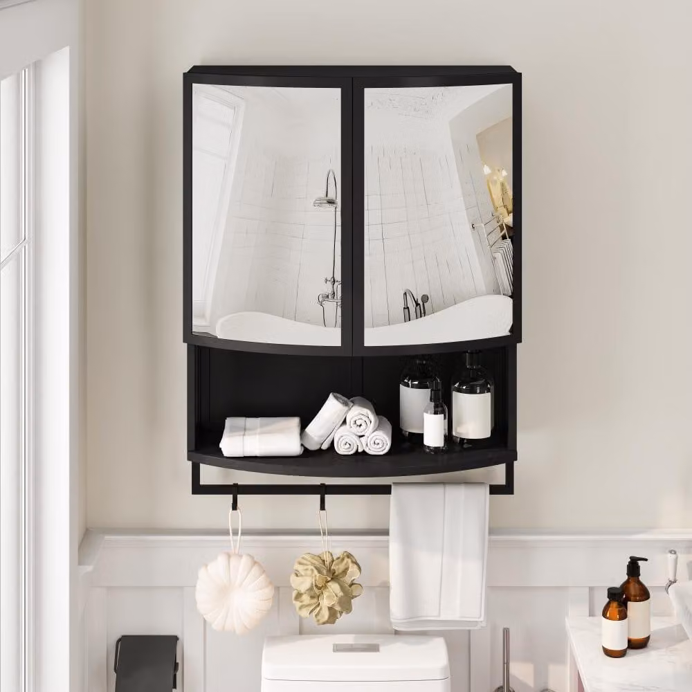 AIORBER 60cm Armadio a muro moderno a doppia anta con specchio infrangibile scaffale portasciugamani armadio corridoio armadio bagno scaffale a muro nero