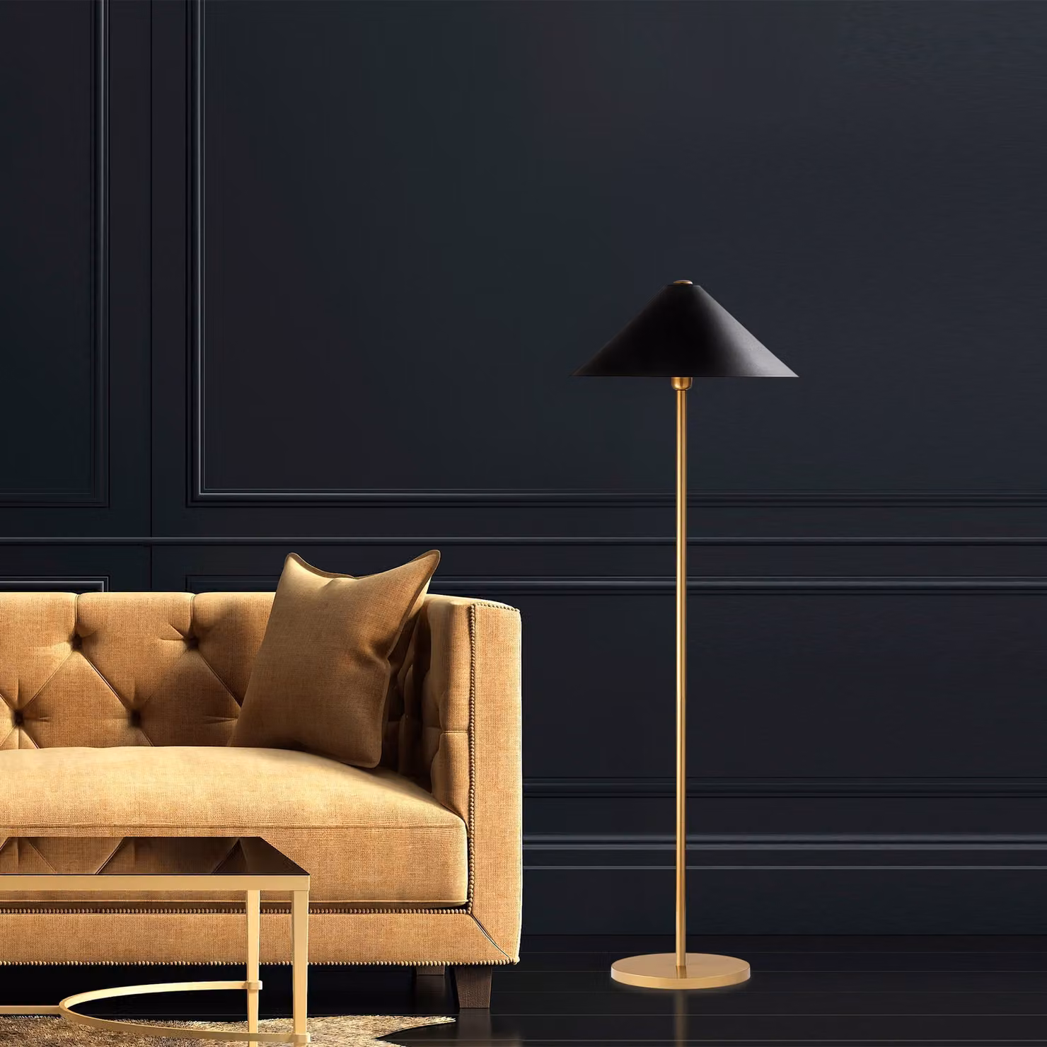 Opviq, moderna lampada da terra in metallo, color oro, 46 x 46 x 150 cm | Paralume Ø 40 cm, altezza 21 cm | Attacco E27, max. 40 W, cavo da 200 cm | Design elegante per hotel e abitazioni