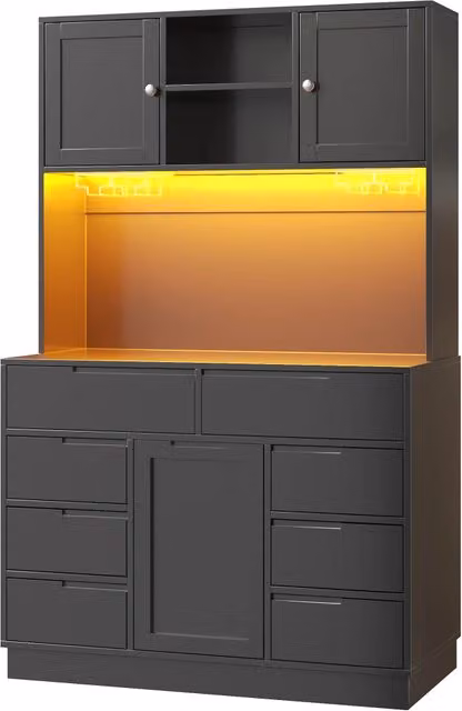 Hochschrank mit Smart LED-Beleuchtung und 8 Schubladen, MDF & Metall, 120×40×183,5 cm, Schwarz