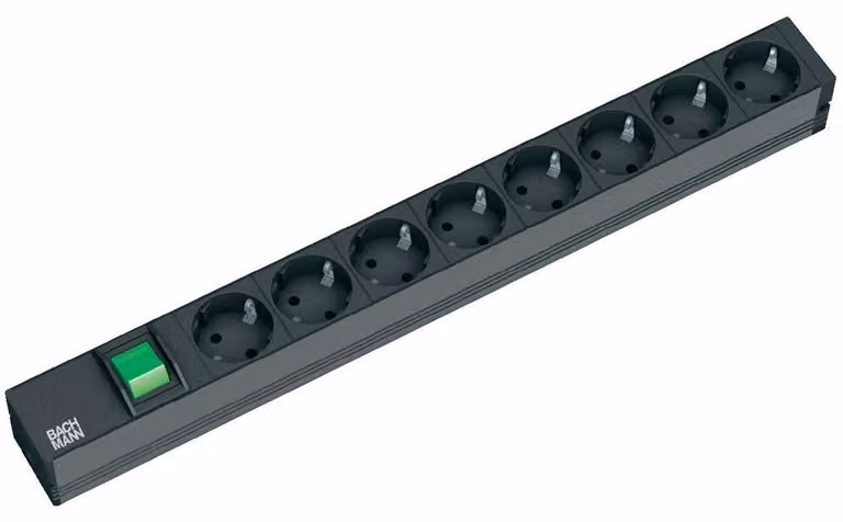 Bachmann 48,30 cm (19") striscia di prese ALU 1U, 8 vie, s. nero, contatto di terra, 2 m, con interruttore (333.505)