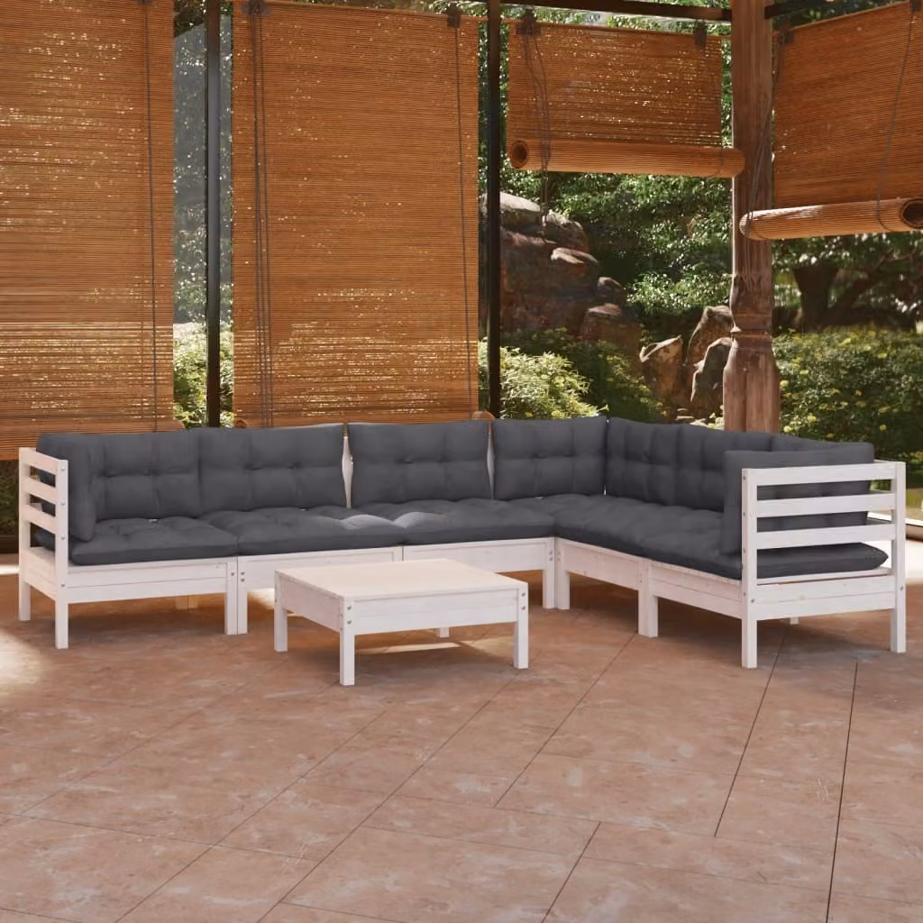 The Living Store Set da giardino 7 pezzi con cuscini in legno di pino massiccio bianco