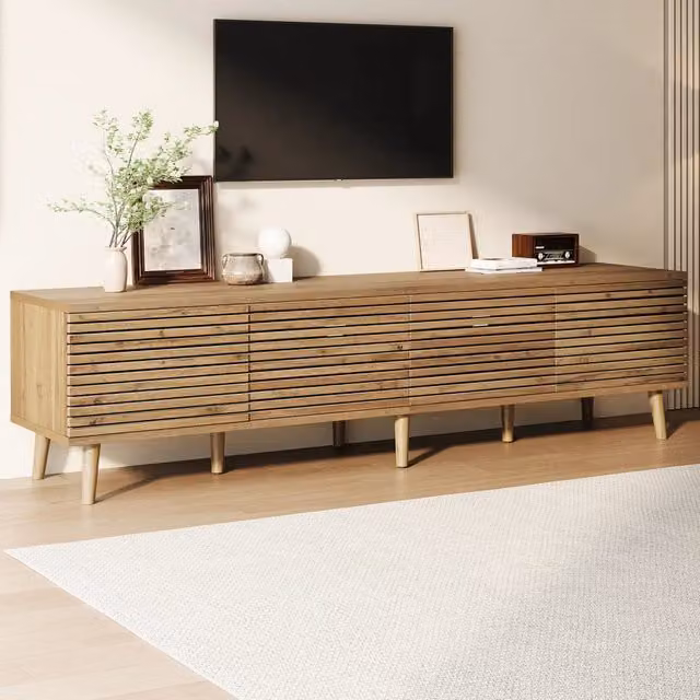 Mobile TV con 4 ante a griglia, 6 vani e passacavi, per soggiorno, in MDF e truciolare naturale, 180 × 40 × 46 cm