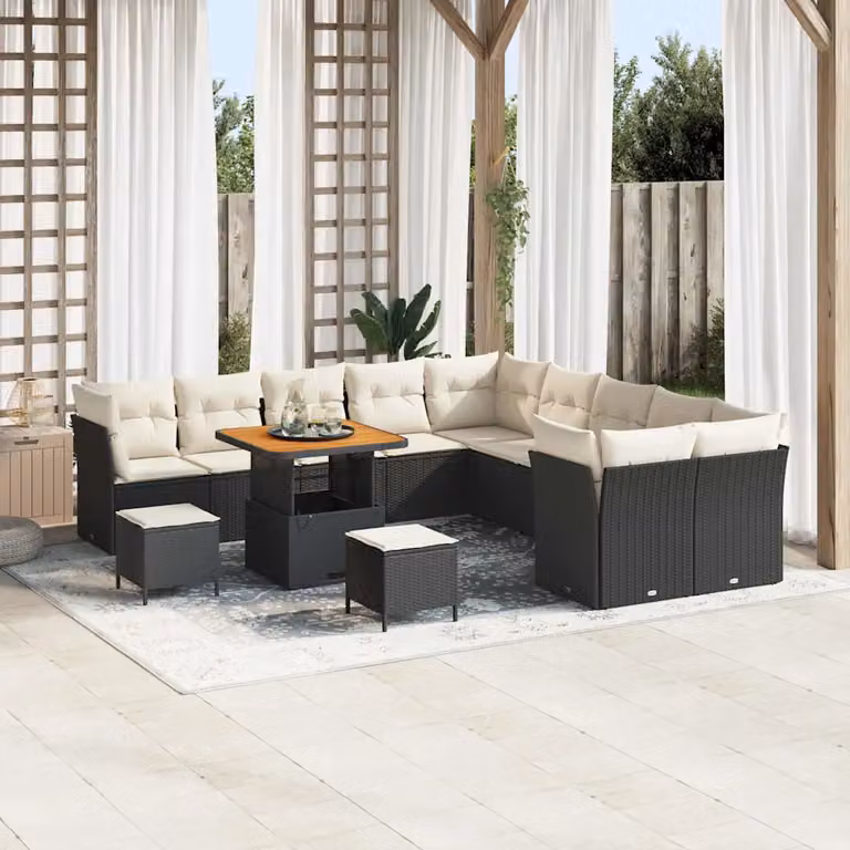 Set Divano da Giardino vidaXL a forma a U composto da 13 pezzi con Cuscini, Colore Nero e Beige
