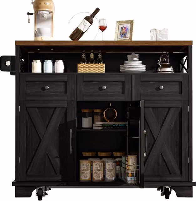 Carrello da cucina con 3 cassetti, divisori removibili, piano ribaltabile e porta asciugamani, in MDF e metallo, nero