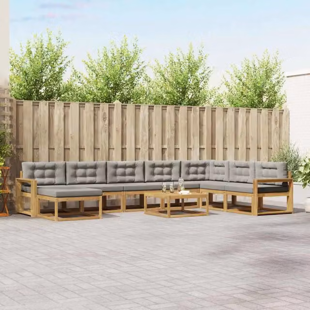 Set di divani da esterno moderno vidaXL in legno di acacia, 9 pezzi, Bianco e Grigio – 1