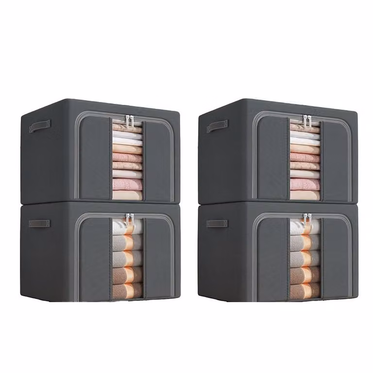set di 4 scatole portaoggetti in tessuto Oxford, impermeabile, pieghevole, 100L, scomparti, per vestiti e guardaroba, con finestra di visualizzazione, grigio scuro