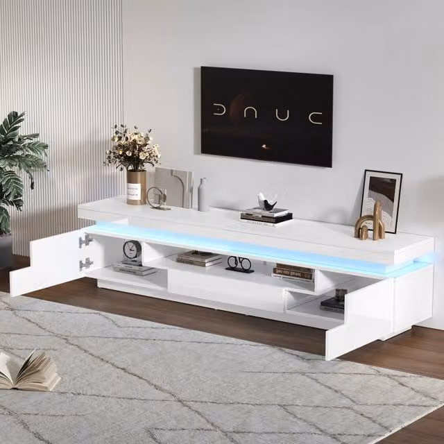 Mobile TV con LED, 2 armadietti a L, 1 cassetto e vano semiaperto, bianco lucido, per soggiorno, 175 × 38 × 45 cm