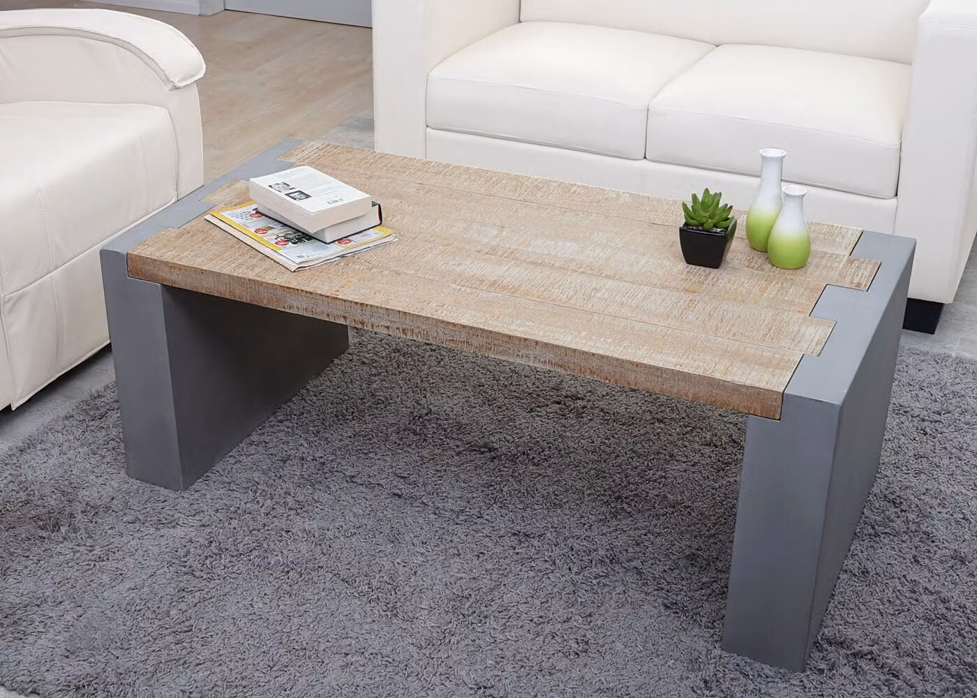 Tavolino HWC-A15, tavolo da soggiorno, legno di abete rustico massiccio effetto cemento MVG 46x122x60cm