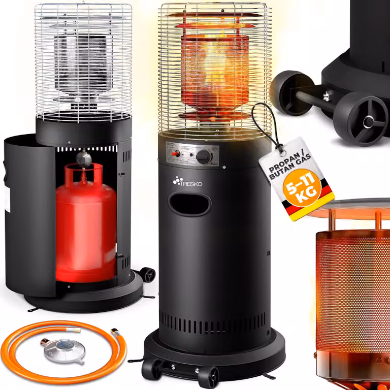 TRESKO® Riscaldatore radiante a gas 11 kW con rotelle | Riscaldatore da esterno per bombole di gas da 5 e 11 kg | Riscaldatore radiante a gas per patio, balcone e giardino | Riscaldatore a gas con tubo e regolatore