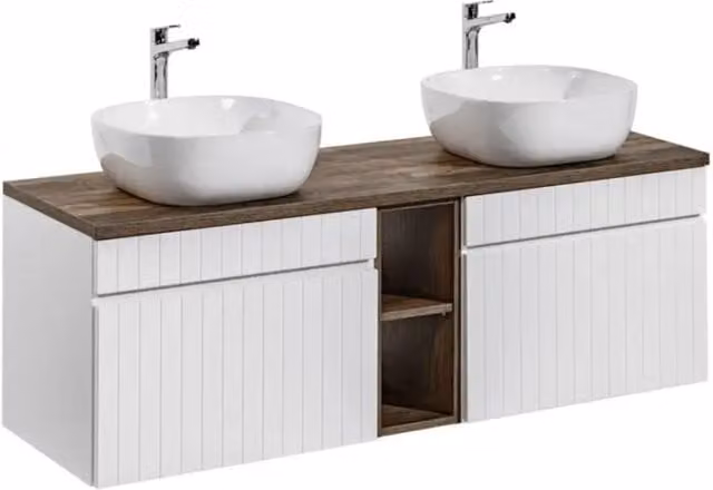 Set ICON bianco: mobili sotto lavabo 180cm con nicchie visibili + piano per lavabo + due lavabi da appoggio bianchi