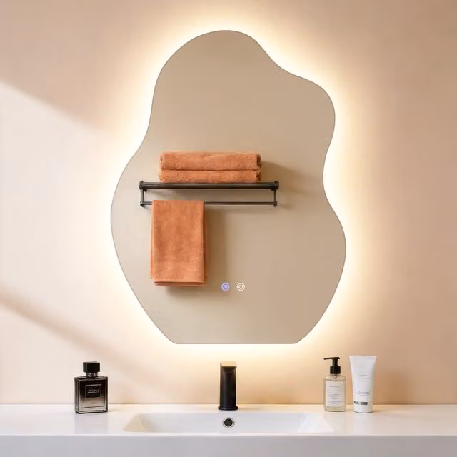 Specchio da bagno LED ZMH con design asimmetrico, funzione antiappannante, dimmerabile e interruttore touch, colore bianco, L: 60 cm, H: 80 cm – 1