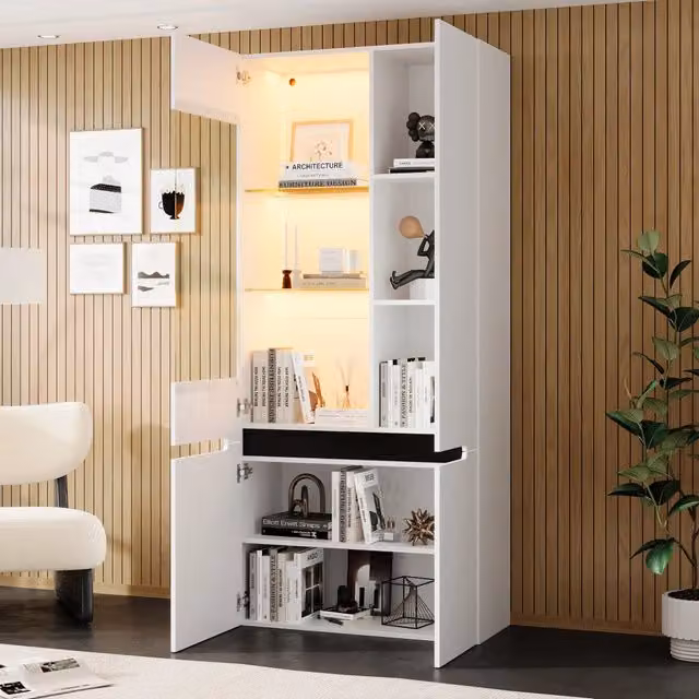Vetrina alta con 4 ante, 8 vani, ripiani in vetro regolabili e LED per soggiorno, in MDF bianco, 80×35×180 cm