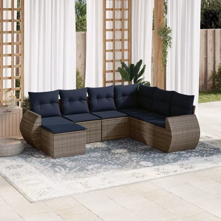 Set di divani da giardino vidaXL in polyrattan grigio con cuscini, tavolino e pouf, configurazione a L per 8 persone
