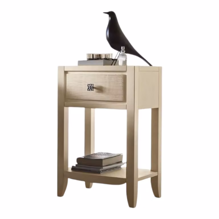 Comodino moderno con 1 cassetto e decoro onda in legno color avorio Mobili 2G L: 44 cm, P: 33 cm, H: 67 cm