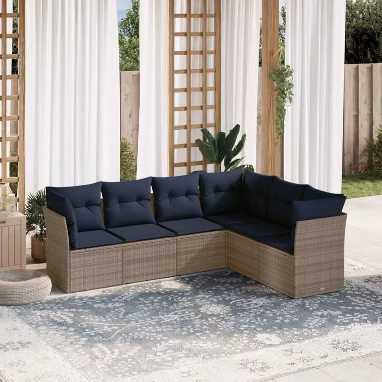 Set di divani da giardino vidaXL a forma di L composto da 6 pezzi in polyrattan con cuscini grigi e blu e struttura in metallo