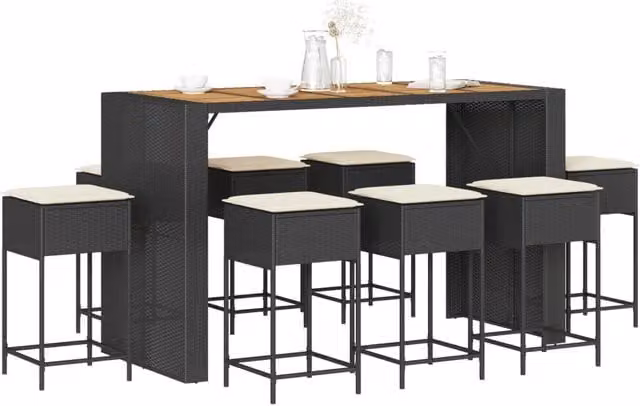 Set Bar da Giardino 9 pz con Cuscini in Polyrattan Nero 3261519
