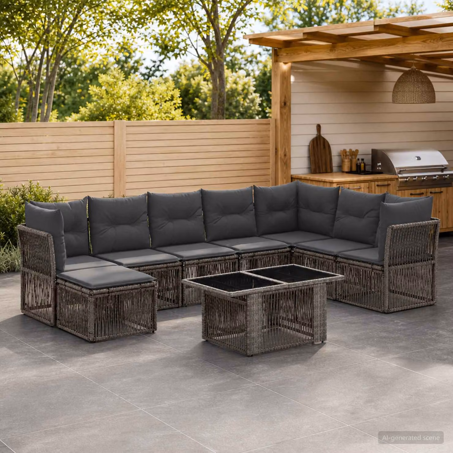Set Divano da Giardino Moderno vidaXL in Polyrattan Grigio con 9 Pezzi e Cuscini Inclusi
