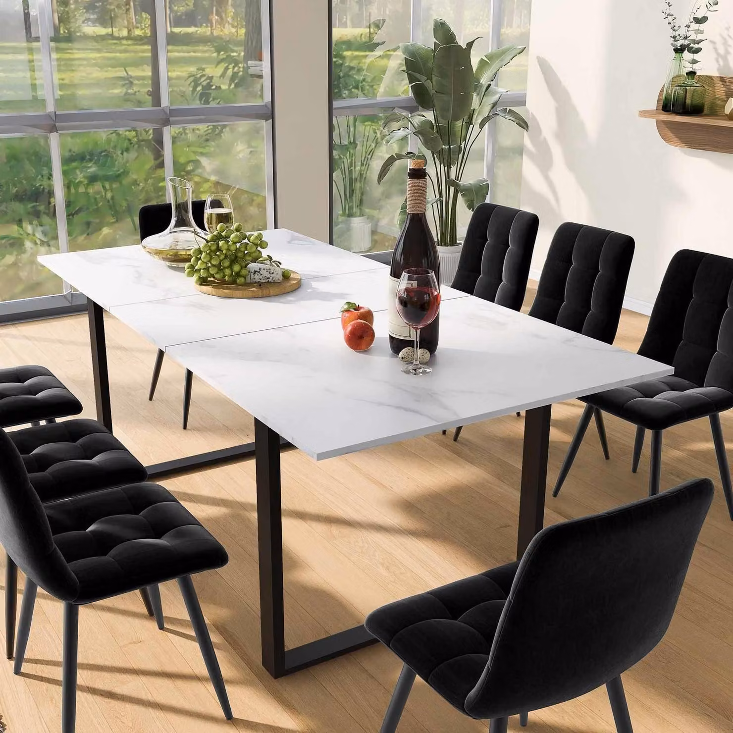 Tavolo da pranzo allungabile, bianco, 140-180x80x75 cm, struttura in metallo, aspetto marmorizzato