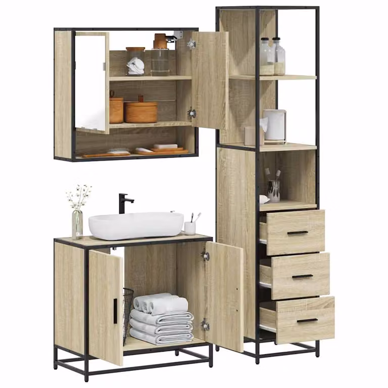 Set di mobili da bagno industrial vidaXL in legno e metallo marrone composto da armadietto con specchio, mobile lavabo e colonna alta L/P/H: 65 x 60 x 20 cm