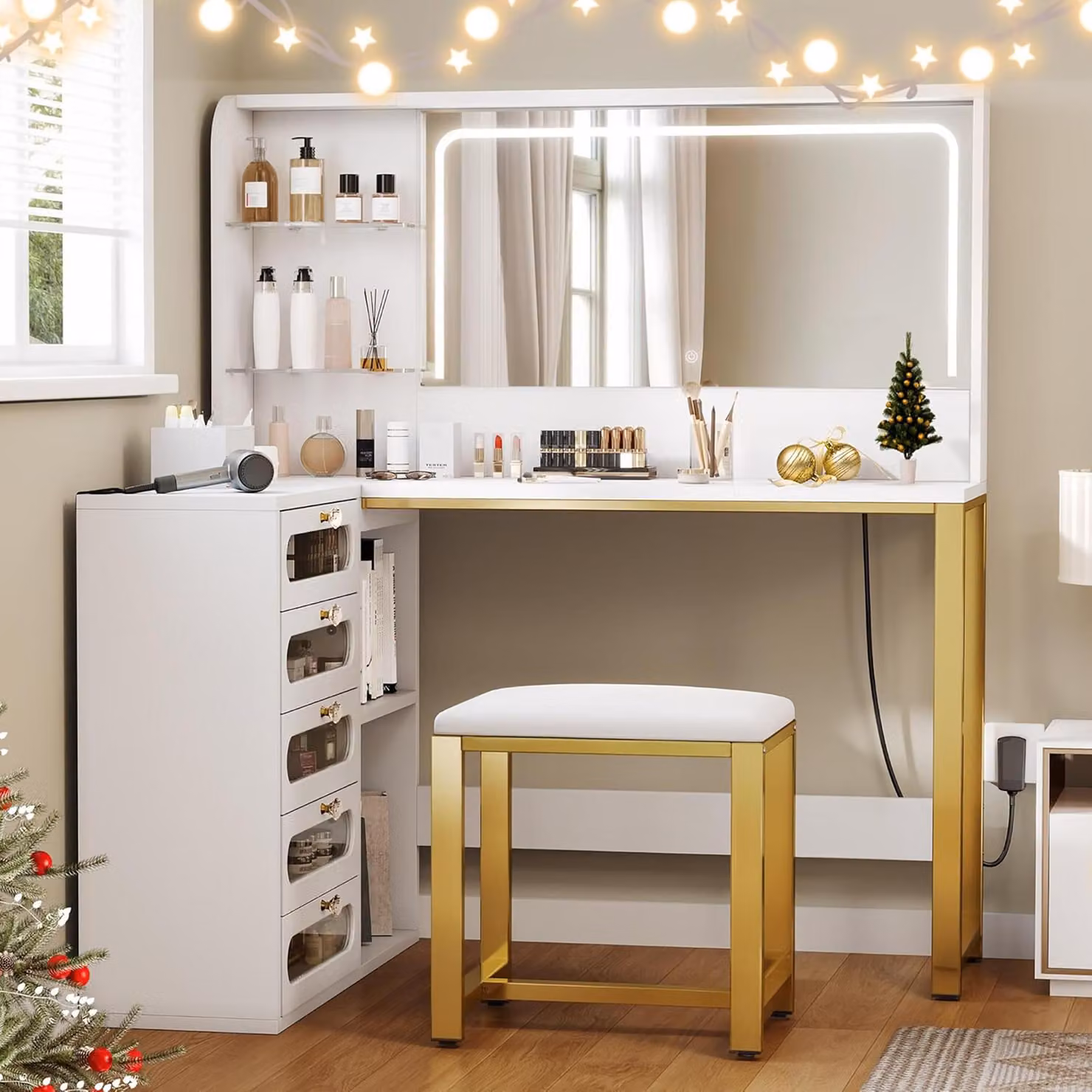Comò da trucco INONEFT con illuminazione a LED, luminosità regolabile, dotato di 5 cassetti e 1 sgabello
