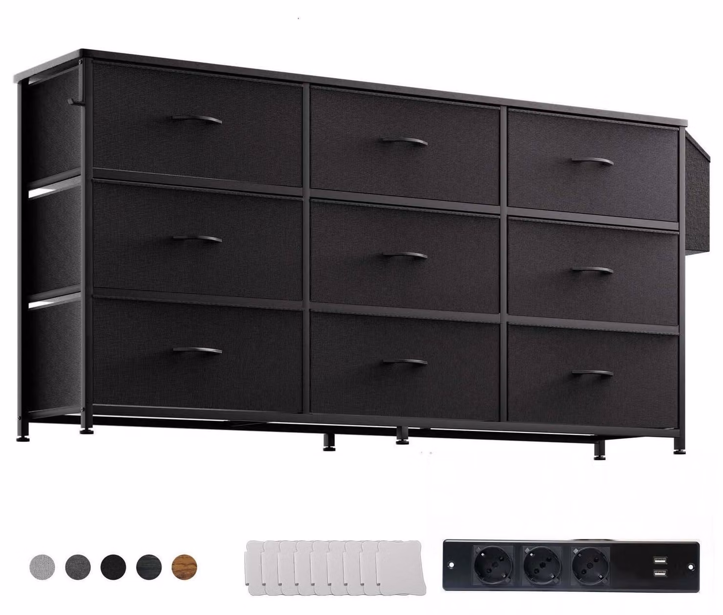 Comodino con cassetti rivestiti in tessuto, supporto TV per schermi da 43-65 pollici, 9 cassetti, colore nero, dimensioni 150x68x35 cm