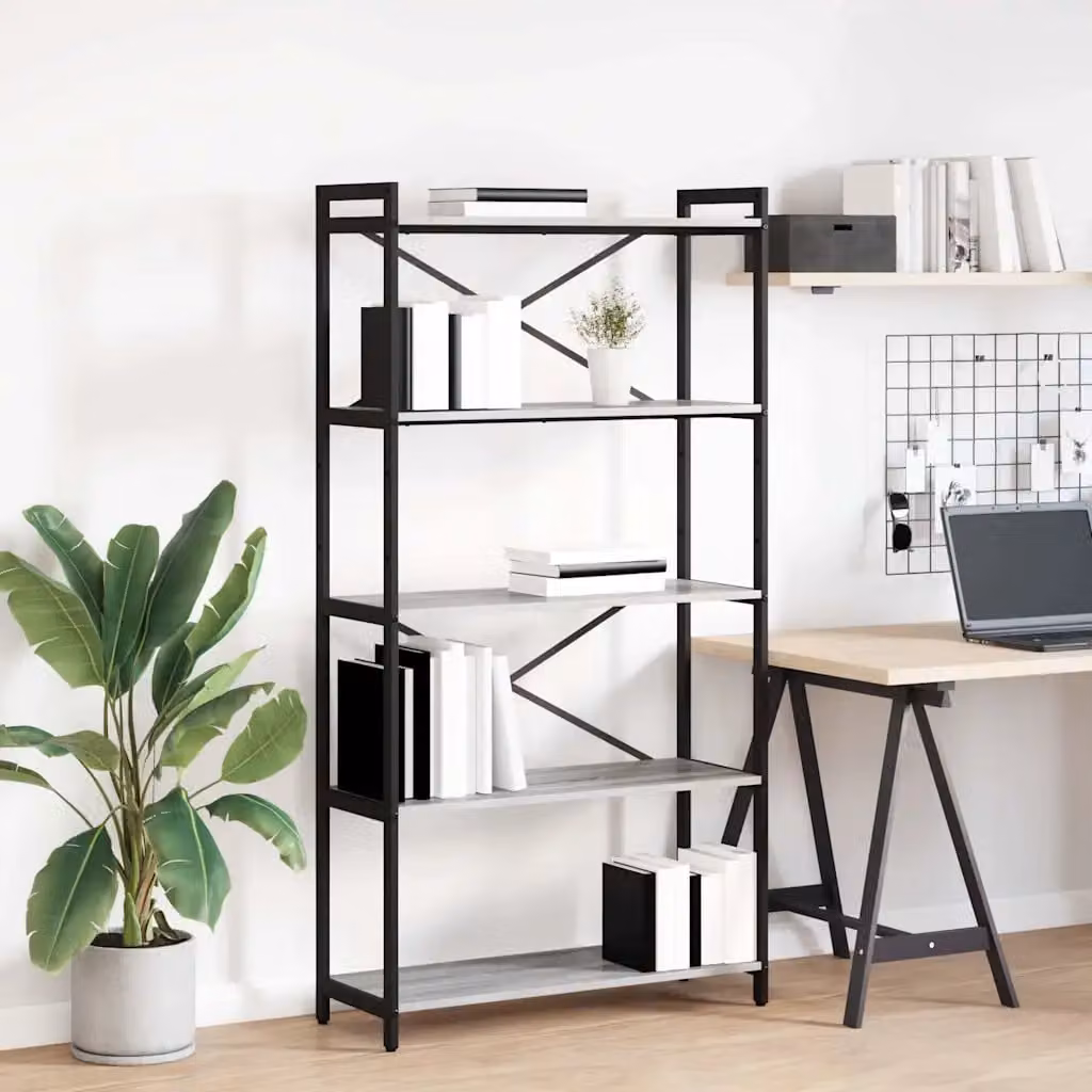 Libreria industrial vidaXL in legno ingegnerizzato e metallo, Grigio e Nero, L 80 x P 30 x H 155 cm