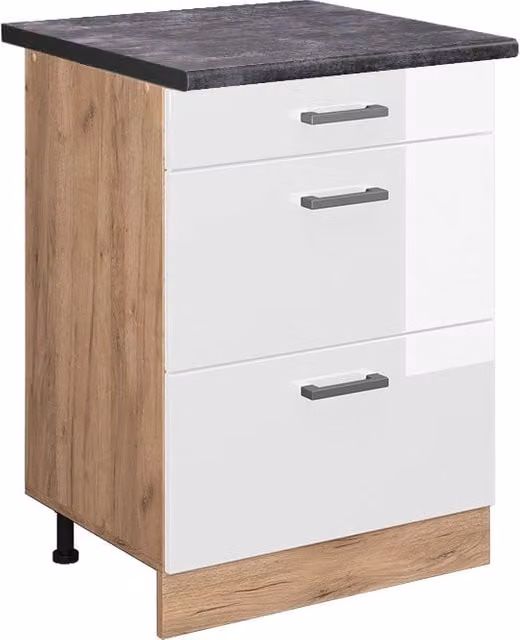Mobiletto base per cucina R-Line Bianco lucido/Rovere dorato 60 cm con cassetti, PL Antracite Vicco