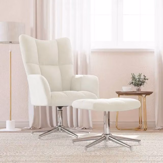 Poltrona Relax girevole a 360 gradi con poggiapiedi in velluto bianco, design moderno con struttura in metallo e imbottitura in schiuma