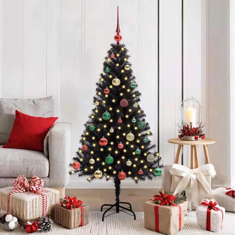 Albero di Natale moderno vidaXL nero con luci LED bianco caldo in PVC, Altezza: 150 cm