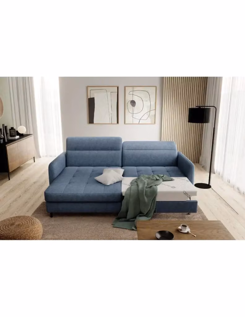 Divano ad angolo con funzione letto e poggiatesta regolabile collezione GOUMSI di MEUBLORAMA colore blu, L/P/H: 228 x 165 x 128 cm – 2