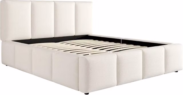 Letto matrimoniale imbottito 180x200 cm con doghe e testiera beige in tessuto bouclé