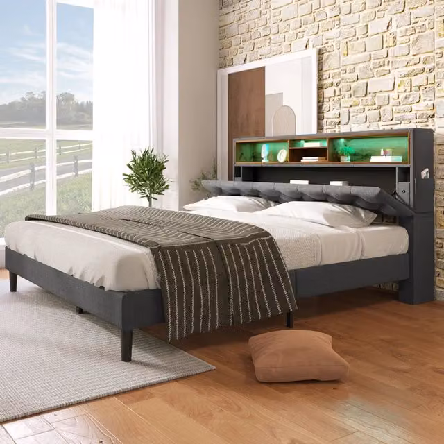 Letto matrimoniale 140×200 cm 2 posti con testiera contenitore e LED multicolore, senza materasso, grigio
