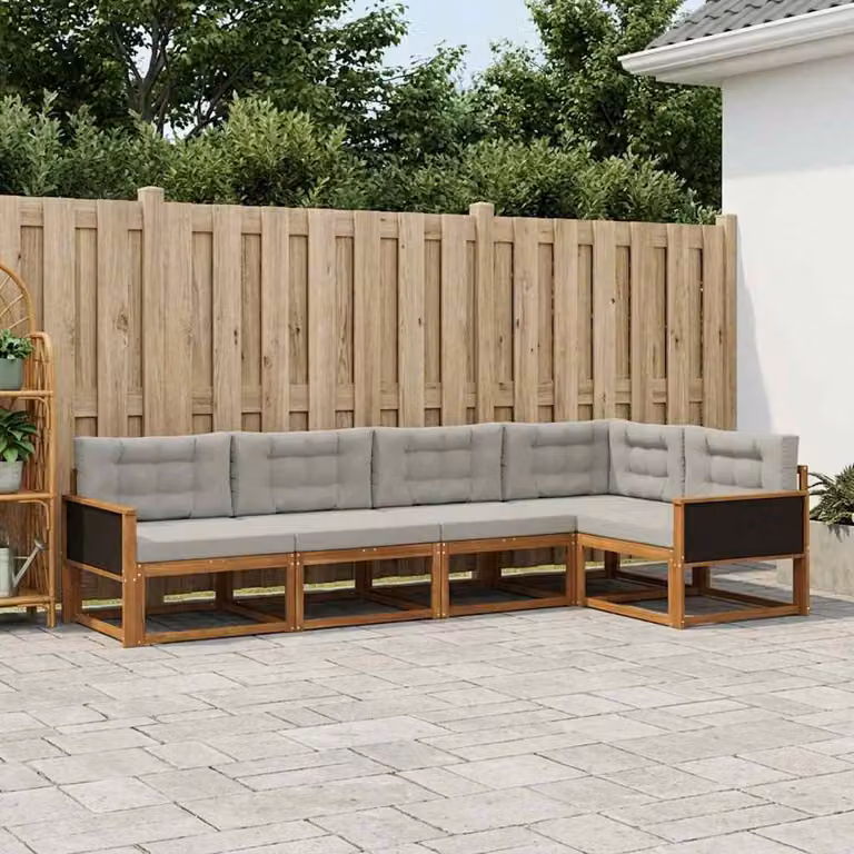 Set di divani da esterno a L vidaXL in legno di acacia con cuscini, marrone e grigio chiaro