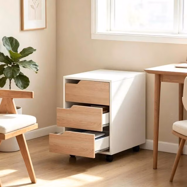 Mobile armadio con tre cassetti, struttura in MDF bianco e rovere, con ruote per ufficio e casa 40x50x57,5 cm